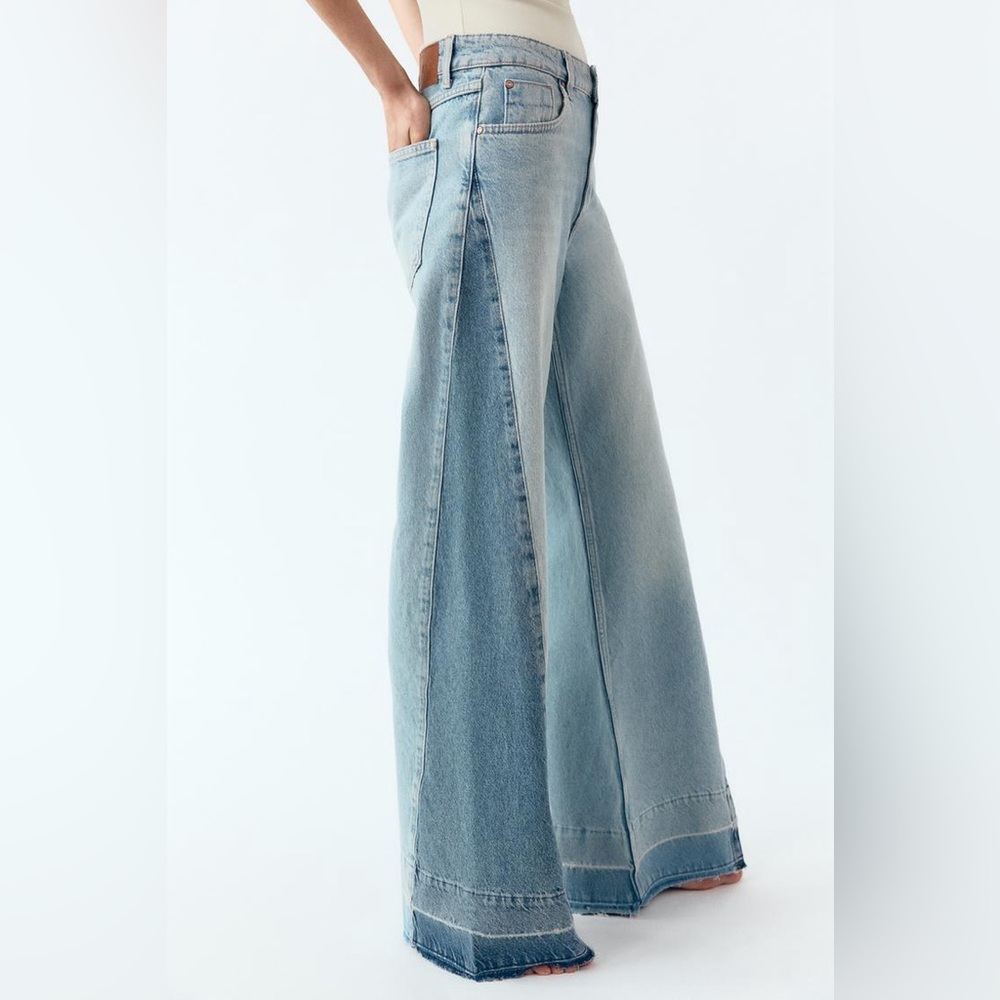 Zara Z1975 Contrast Side Panel Wide Leg Jeans Size 6 NWT